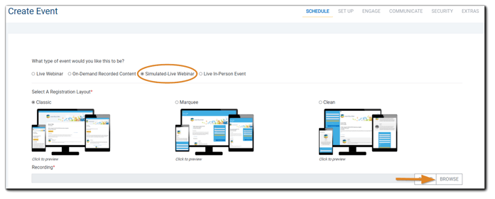Screenshot: Schedule step with 'Simulated-Live Webinar' selected and highlighted, and recording upload noted.