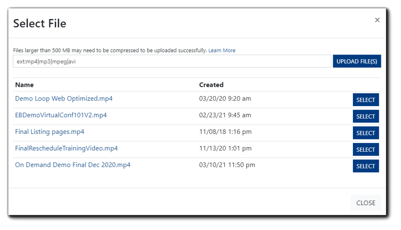 Screenshot: Select File dialog with .mp4 files filtered for selection. There are blue 'select' buttons beside each and an 'upload file' button.