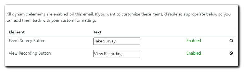Screenshot: Button enable dialog. Transcript: All dynamic elements are enabled on this email. If you want to customize these items, disable as appropriate below so you can add them back with your custom formatting.