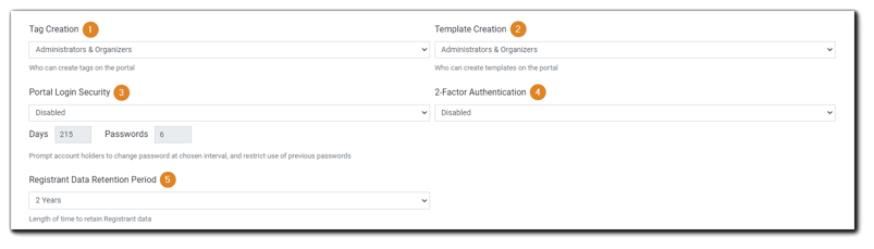 Screenshot: Privileges, Portal Login Security, 2FA, Data Retention.