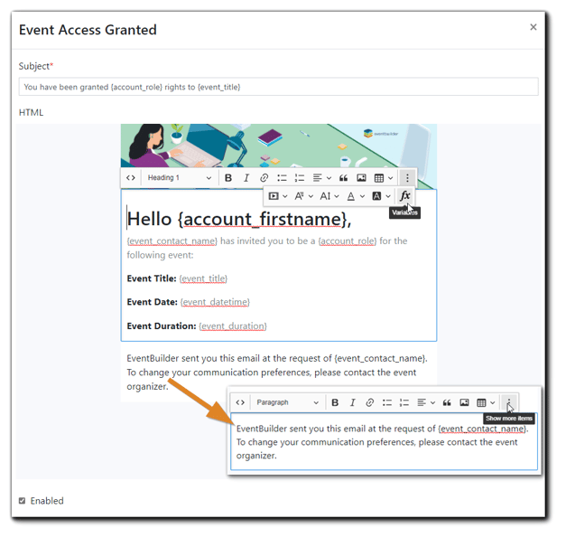 Screenshots: Top portion of Access Granted Email, and bottom portion, with the variable icon ("fx") highlighted.