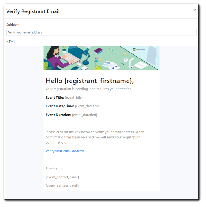 Screenshot: Verify Registration Email editor window.