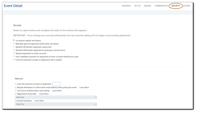 Screenshot: Security Step options and Add-ons dialog.