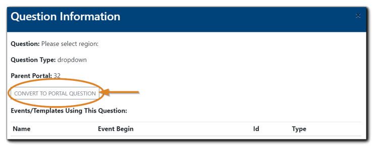 Screenshot: Question Information dialog box with 'Convert to Portal Question' button highlighted.