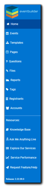 Screenshot: Left Navigation options: Home, Events, Templates, Pages, Questions, Files, Reports, Tags, Accounts. Resources: Knowledge Base, Ask me Anything Live, Explore Our Services, Service Performance, Request Feature/Help