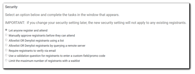 Screenshot: Security Step options. (Described in text)