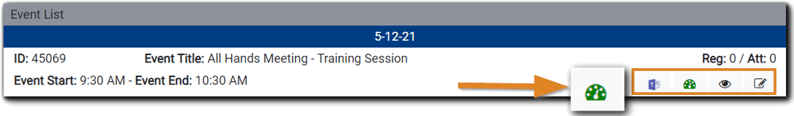 Screenshot: Event listing with presentation environment and console icons, the console icon highlighted.