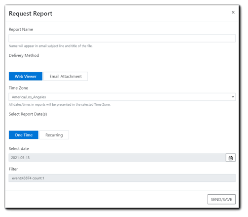 Screenshot: Request Report window. Report Name, Web View/Email Attachment delivery options, Select Report Date(s) with One Time or Recurring options, Select Date with calendar icon, filter, and send/save button.
