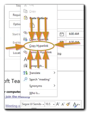 Screenshot: Pop-out menu from right clicking on Teams hyperlink - "Copy Hyperlink" is circled with orange arrows pointing to it.