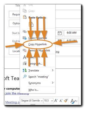 Screenshot: Pop-out menu from right clicking on Teams hyperlink - "Copy Hyperlink" is circled with orange arrows pointing to it.