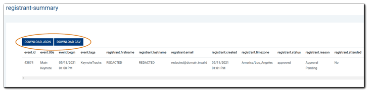 Screenshot: Web View report example. Blue Download JSON and Download CSV buttons are highlighted.