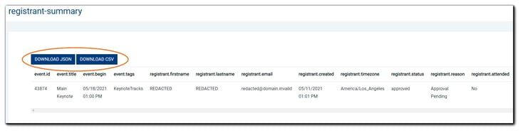 Screenshot: Web View report example. Blue Download JSON and Download CSV buttons are highlighted.