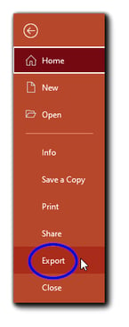 Screenshot: Orange PowerPoint menu with the 'Export' option circled in blue.