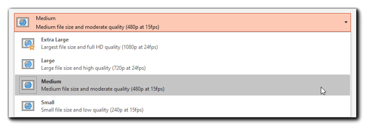 Screenshot: PowerPoint export file size dialog with Medium file size/moderate quality highlighted.