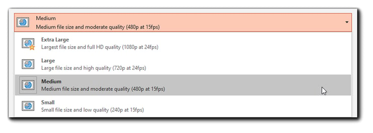 Screenshot: PowerPoint export file size dialog with Medium file size/moderate quality highlighted.