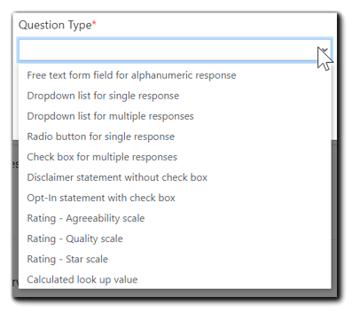 Screenshot: Question Type dropdown menu selections.