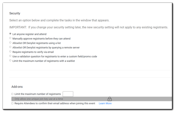 Screenshot: Security Options dialog.