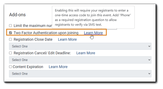 Screenshot: Security Add-on options with 'Two Factor Authentication upon joining' highlighted.