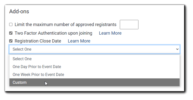 Screenshot: Security Add-on options with 'Registration Close Date' dropdown menu selected.