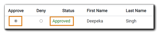 Screenshot: Approve/Deny Registrant dialog with the Approve radio button and the Registrant Status (Approved) highlighted.