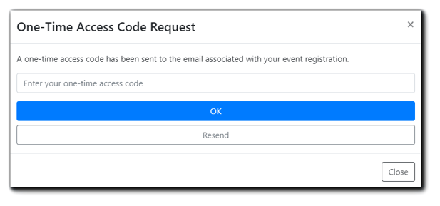 Screenshot: On-Time Access Code Request (2-Factor Authentication) dialog for Attendee access.