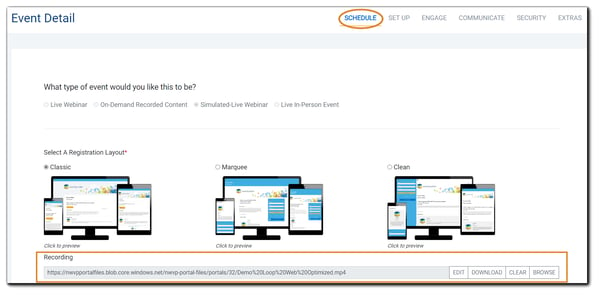 Screenshot: Schedule section on the Event build, with the 'Recording' field highlighted.