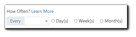 Screenshot: Recurring reports frequency dialog with Day(s) Week(s) Month(s) available as radio buttons.