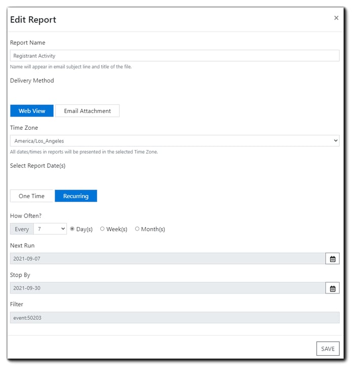 Screenshot: Recurring Report Edit dialog. Showing Report Name, Delivery Method, Time Zone, Select Report Dates, How Often, Next Run, Stop By, Filter, and Save button.