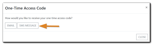 Screenshot: One-time access code window with the SMS option included and highlighted.
