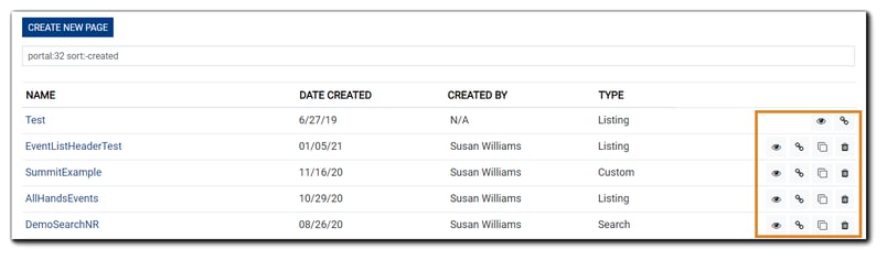 Screenshot: Create New Page button and Pages listing view.