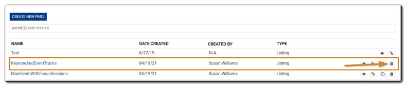 Screenshot: Pages listing, with one page highlighted with an arrow pointed at the trash icon.