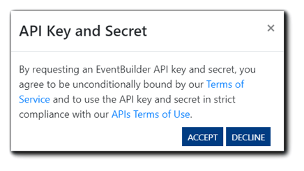 Screenshot: API Key and Secret use agreement confirmation.
