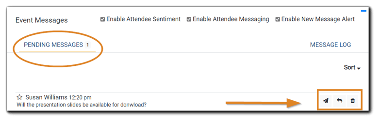 Screenshot: Pending messages in Moderator Console, with response options icons highlighted: Airplane icon, Arrow icon, and Trash icon.
