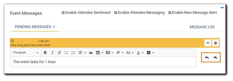 Screenshot: Attendee message Reply options, with arrow icons highlighted in the HTML editor.