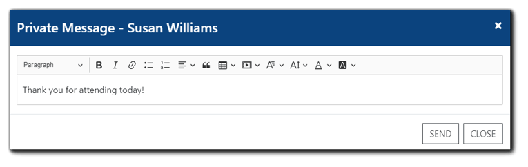 Screenshot: Private Message dialog with HTML editor displayed.