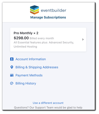 Screenshot: Subscription management main menu.