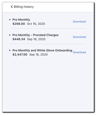 Screenshot: Billing history download screen.