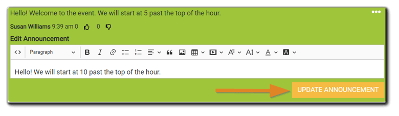 Screenshot: Edit Announcements dialog with the 'Update Announcement' confirmation button highlighted.