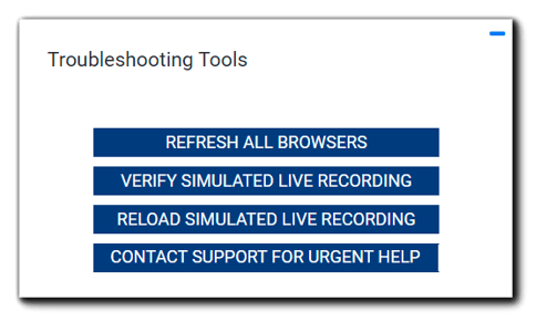 Screenshot: Troubleshooting tools for Simulated Live Events - Refresh All Browsers, Verify Simulated Live Recording, Reload Simulated Live Recording, Contact EventBuilder for Urgent Help.