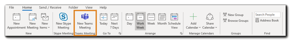Screenshot: Outlook calendar toolbar with New Teams Meeting highlighted.