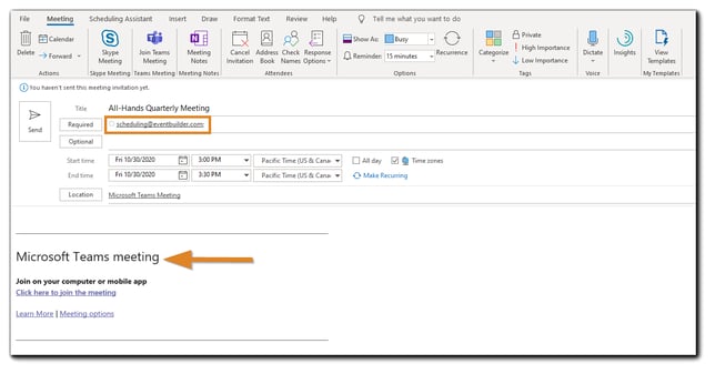 Screenshot: Outlook Teams Meeting Scheduler, with the 'to' field circled and the body of the email highlighted.