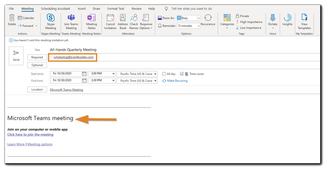 Screenshot: Outlook Teams Meeting Scheduler, with the 'to' field circled and the body of the email highlighted.