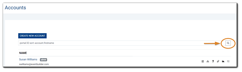 Screenshot: Accounts main page with the magnifying glass icon highlighted.