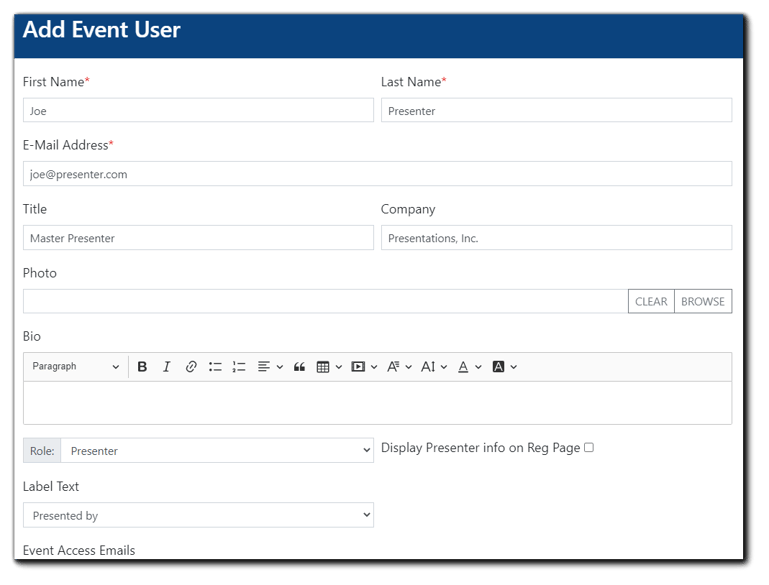 Screenshot: Add Event User dialog open for edits/changes. 