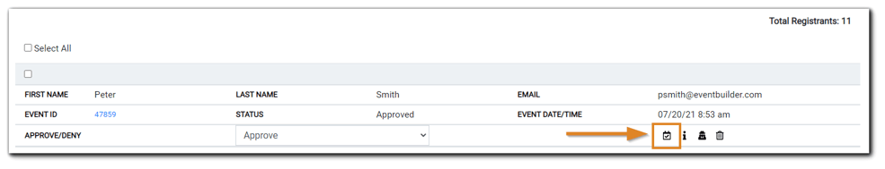 Screenshot: Registrant Managment area with the 'Mark Attended' icon highlighted.