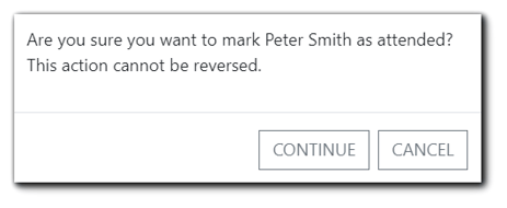 Screenshot: In-person attendance check-in confirmation dialog.