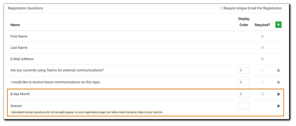 Schreenshot: Registration section on the Engage step with B-day Month and Season questions highlighted.