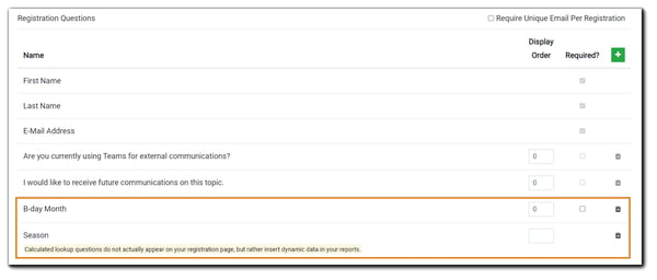 Schreenshot: Registration section on the Engage step with B-day Month and Season questions highlighted.