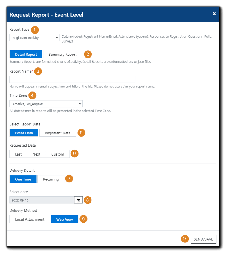 Screenshot: Request Report - Event Level. Fields information on page.