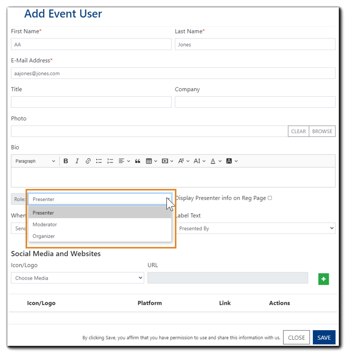 Screenshot: 'Add Event User' dialog with the 'Roles' drop down menu open and highlighted.